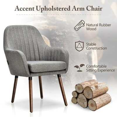 Costway Set Of 4 Accent Chairs Fabric Upholstered Armchairs W/Wooden Legs Beige/Gray - Image 8