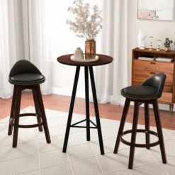 Costway Set Of 2 Upholstered Swivel Barstools 29'' Wooden Dining Chairs With Low Back Black