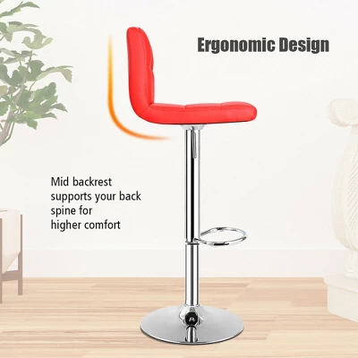 Costway Set Of 2 Bar Stools Adjustable Swivel Kitchen Counter Bar Chair PU Leather Red Full Back - Image 7