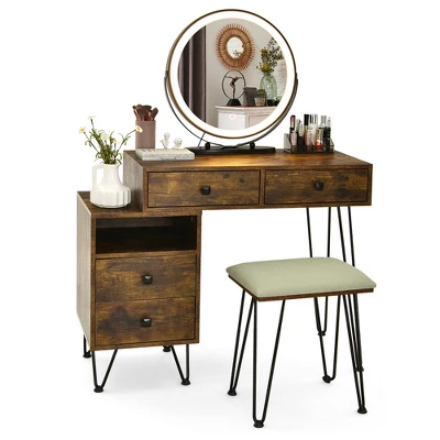 Costway Vanity Table Stool Set Dimmer LED Mirror Large Storage Cabinet Drawer Walnut BlackBrownWhite - Image 11