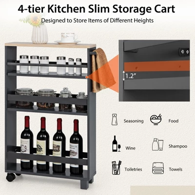 Costway 4-Tier Slim Kitchen Storage Cart Narrow Slide Out Trolley Adjustable Shelf WhiteGrey - Image 6