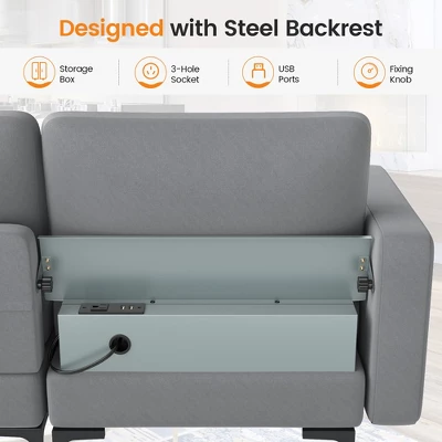 Costway Modular 3-Seat Sofa Couch With Socket USB Ports & Side Storage Pocket Ash Grey - Image 4