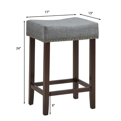 Costway Set Of 2 Nailhead Saddle Bar Stools 24'' Height W/ Fabric Seat & Wood Legs BeigeGray