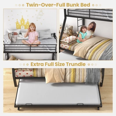 Costway Twin Over Full Metal Bunk Bed With Trundle Slats Support For Teens Adults Black - Image 9