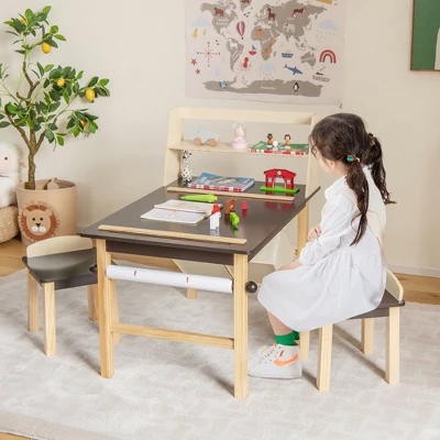 Costway Kids Art Table & Chairs Set Wooden Drawing Desk With Paper Roll Storage Shelf Bins