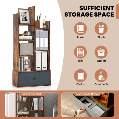 Costway Industrial Bookshelf Rustic Wooden Shelf Organizer With Non-woven Fabric Drawer - Image 7