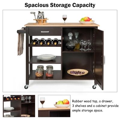 Costway 4-Tier Wood Kitchen Island Trolley Cart Storage Cabinet Brown - Image 6