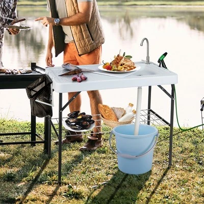 Costway Folding Fish Cleaning Table Portable Camping Table With Faucet Hose Grid Rack