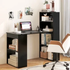 Costway Computer Desk Writing Workstation Office W/6-Tier Storage Shelves WhiteBlack