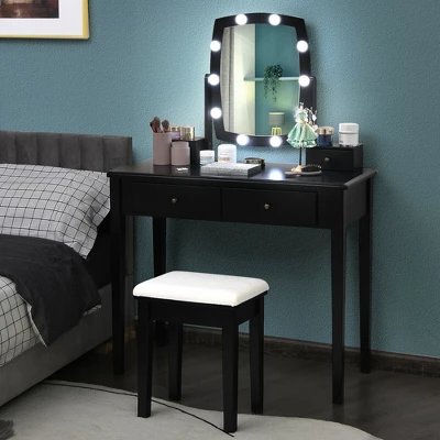 Costway Vanity Table Set With Lighted Mirror Adjustable 10 Bulbs Dresser 4 Drawer - Image 2