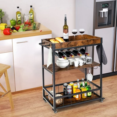 Costway 3-Tier Rolling Kitchen Cart Serving Trolley Wine Rack Removable Tray - Image 4