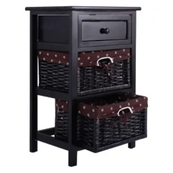 Costway Set OF 2 Night Stand 3 Tier 1 Drawer Bedside End Table Organizer Wood W/2 Basket