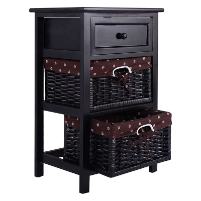 Costway Set OF 2 Night Stand 3 Tier 1 Drawer Bedside End Table Organizer Wood W/2 Basket