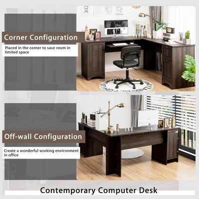Costway L-Shaped Corner Computer Desk Writing Table Study Workstation Drawers BlackBrown - Image 6