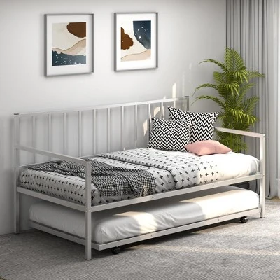 Costway Twin Metal Daybed With Roll Out Trundle Heavy Duty Frame Sofa Bed Set - Image 2