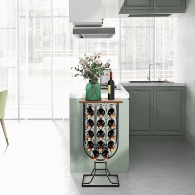 Costway 14 Bottles Wine Rack Console Table Freestanding Wine Storage With Woodtop & Wheels - Image 2