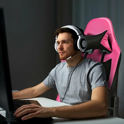 Costway Gaming Chair Massage Reclining Racing Office Computer Chair With Footrest Pink - Image 4