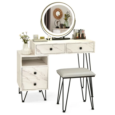 Costway Vanity Table Stool Set Dimmer LED Mirror Large Storage Cabinet Drawer Walnut BlackBrownWhite - Image 12