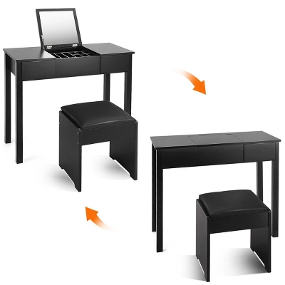 Costway Black Vanity Dressing Table Furniture Stool Storage Box - Image 5