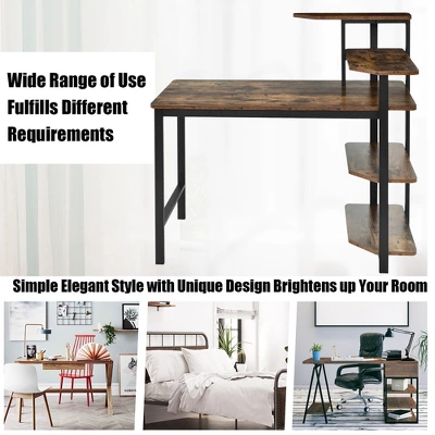 Costway Computer Desk Writing Study Table With Storage Shelves Home Office Rustic Brown - Image 5