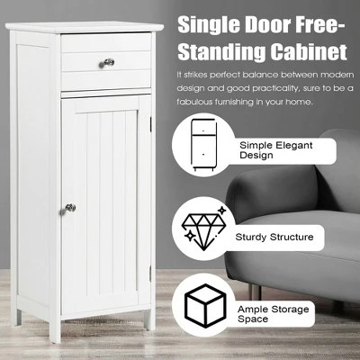 Costway Wooden Bathroom Floor Storage Cabinet Organizer With Drawer And Adjustable Shelf - Image 4