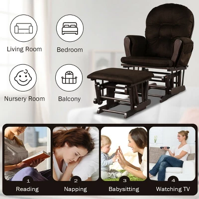 Costway Glider And Ottoman Cushion Set Wood Baby Nursery Rocking Chair Brown - Image 9