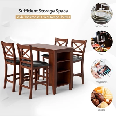 Costway 5PCS Pub Dining Table Set W/ Storage Shelves&4 Upholstered Chairs Walnut - Image 5