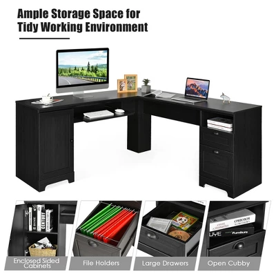 Costway L-Shaped Corner Computer Desk Writing Table Study Workstation W/ Drawers Storage Black - Image 6