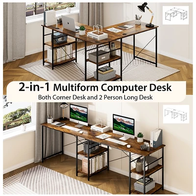 Costway 95'' Convertible L-shaped Corner Computer Desk 2-Person Long Desk Shelves Rustic/Black/Grey/Natural - Image 5