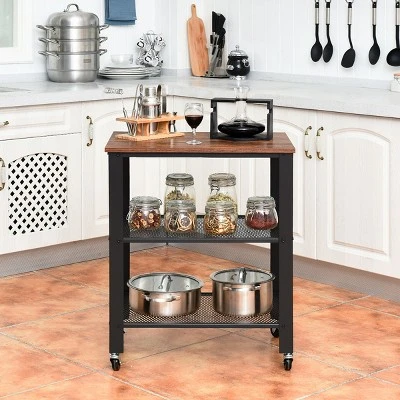 Industrial Serving Cart 3-Tier Kitchen Utility Cart On Wheels W/Storage Black - Image 3