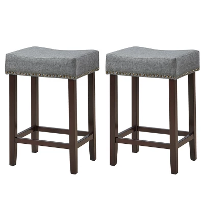Costway Set Of 2 Nailhead Saddle Bar Stools 24'' Height W/ Fabric Seat & Wood Legs BeigeGray - Image 7
