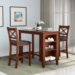 Costway 3PCS Pub Dining Table Set W/ Storage Shelves&2 Upholstered Chairs Walnut