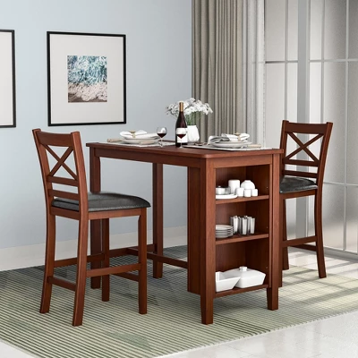 Costway 3PCS Pub Dining Table Set W/ Storage Shelves&2 Upholstered Chairs Walnut