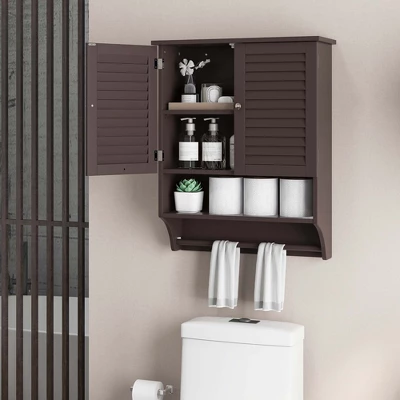 Costway Bathroom Wall Mounted Medicine Cabinet With Louvered Doors & Towel Bar Espresso/Grey/White - Image 5