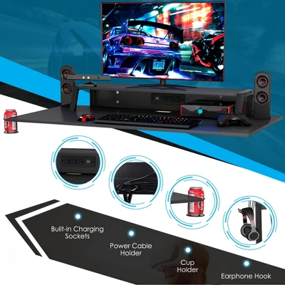 Costway Gaming Desk&Massage Gaming Chair Set W/ Footrest Monitor Shelf Power Strip Blue - Image 9