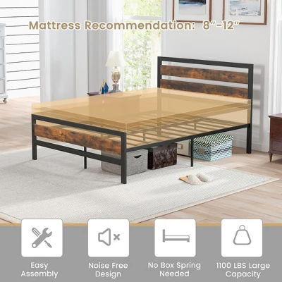 Costway Full/Queen Industrial Metal Platform Bed Frame Rustic Headboard Mattress Foundation - Image 7