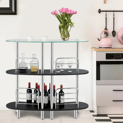 Costway Decorative Storage Cabinets Home Liquor Pub Table W/Tempered Glass Top & 2 Shelves