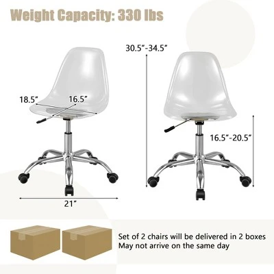 Costway Set Of 2 Rolling Acrylic Armless Desk Chair Swivel Vanity Ghost Chair Adjustable - Image 2