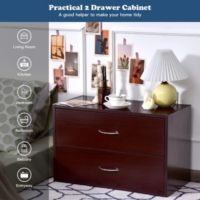 Costway 2-Drawer Dresser Horiztonal Organizer W/Handle Wood End Table Nightstand - Image 4
