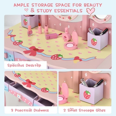 Costway Kids Vanity Princess Makeup Dressing Table Chair Set W/ Tri-fold Mirror Pink - Image 4