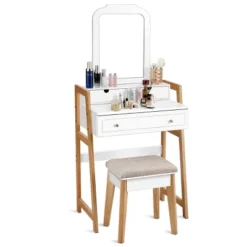 Costway Makeup Vanity Table Dressing Table Cushioned Stool Set