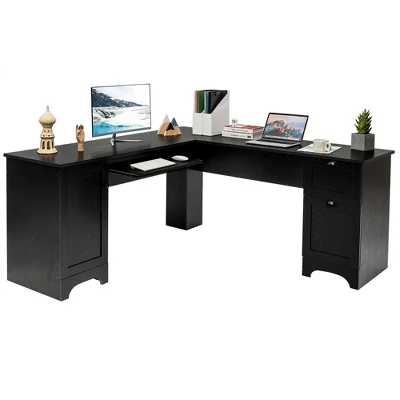 Costway L-Shaped Corner Computer Desk Writing Table Study Workstation Drawers BlackBrown - Image 11