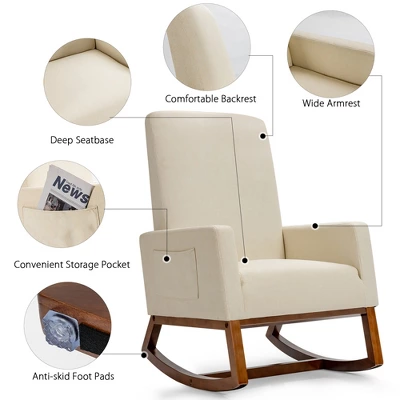 Costway Mid Century Retro Fabric Upholstered Rocking Chair Modern Armchair Beige - Image 7