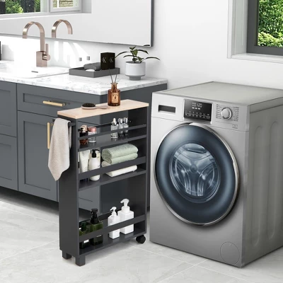 Costway 4-Tier Slim Kitchen Storage Cart Narrow Slide Out Trolley Adjustable Shelf WhiteGrey