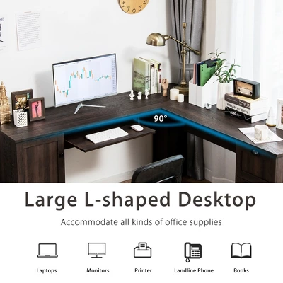 Costway L-Shaped Corner Computer Desk Writing Table Study Workstation Drawers BlackBrown - Image 4
