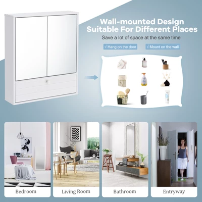 Costway Bathroom Cabinet Medicine Cabinet Double Mirror Door Wall Mount Storage Wood Shelf White - Image 7