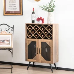 Costway 2-Door Kitchen Storage Bar Cabinet Buffet Sideboard W/ Wine Rack & Glass Holder