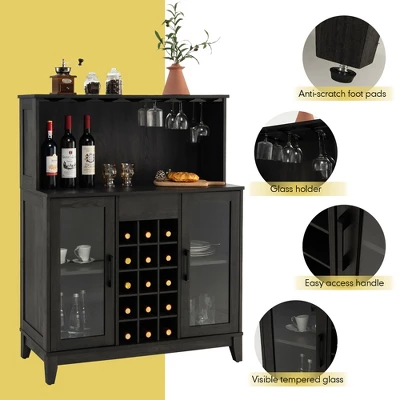Costway 2-Door Buffet Bar Cabinet Kitchen Storage Sideboard Wine Rack Glass Holder GreyBlack - Image 8