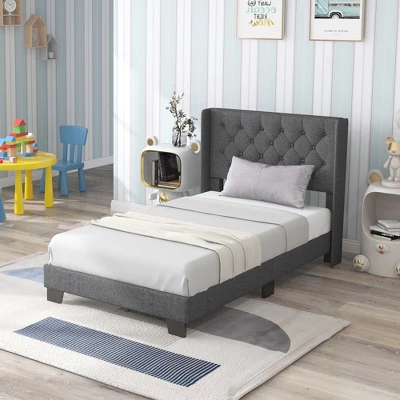 Costway Full/Queen/Twin Size Upholstered Platform Bed Tufted Headboard Mattress Foundation Grey - Image 12