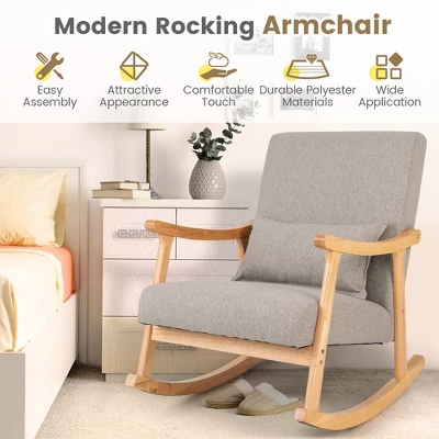 Costway Set Of 2 Rocking Chairs With Pillow Rocking Armchairs With Rubber Wood Frame Grey - Image 5